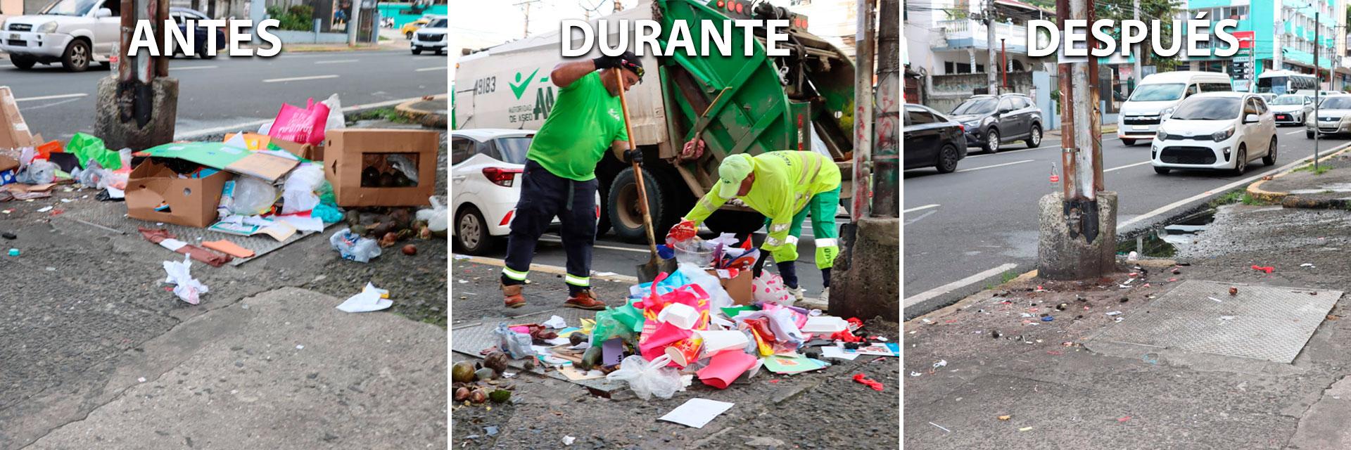 Personal de aseo realiza labores de recolección de desechos en el sector Perejil, corregimiento de Calidonia.